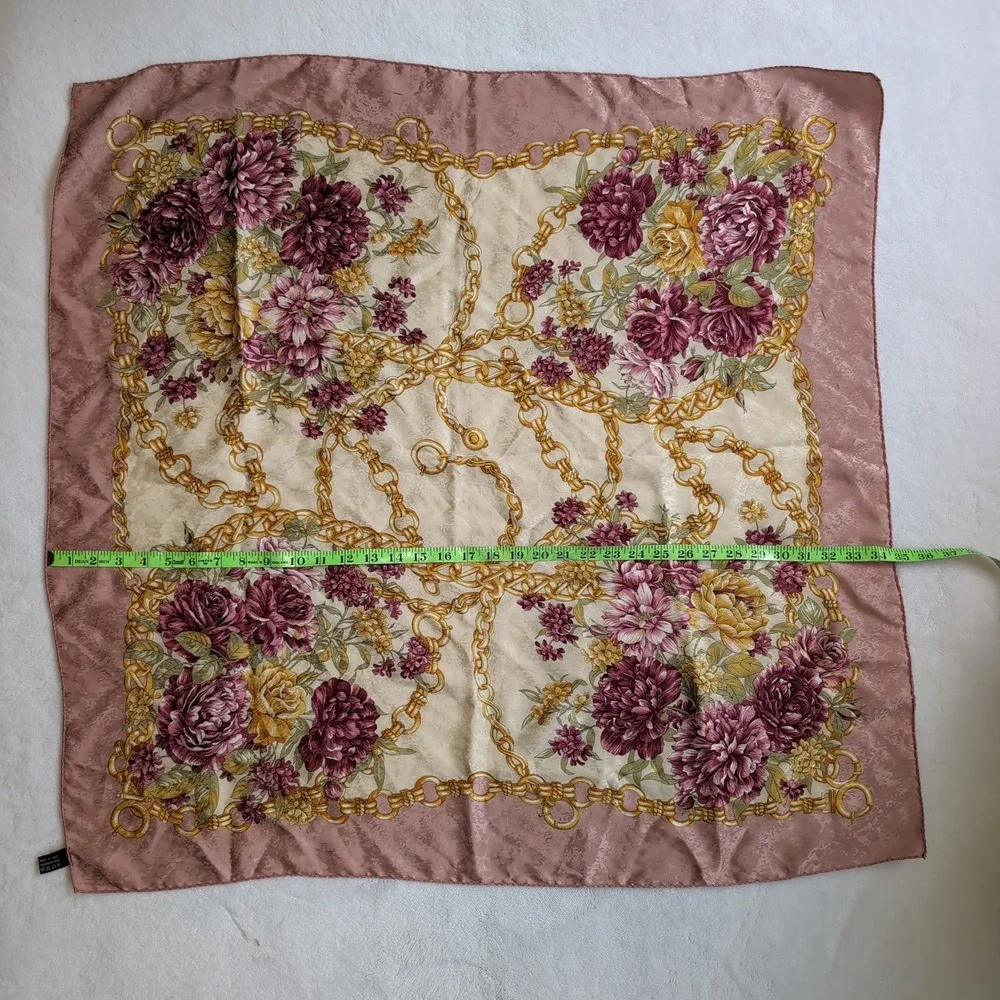 Italian 100% Silk Seta Scarf Pink Floral Gold Chain Jacquard Square 34.5